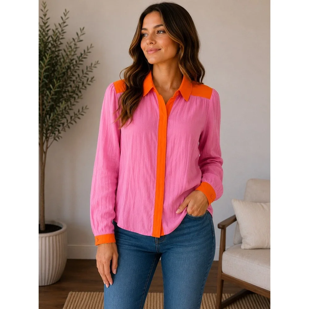 Boden Pink Orange Colorblock Viscose Blouse T1472 Womens US 2 UK 6 Long Sleeve